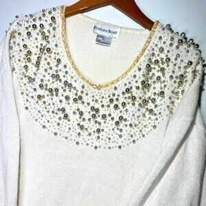 Vintage Barbara Scott Beige Gold Embellished Knit Retro V-Neck Sweater Sz 3XL